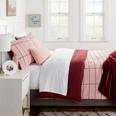 Grid Print Reversible Decorative Comforter Set with Throw - Room Essentials™ Light Pink/maroon 1 Grid Print Reversible Decorative Comforter Set with Throw - Room Essentials™ Light Pink/maroon